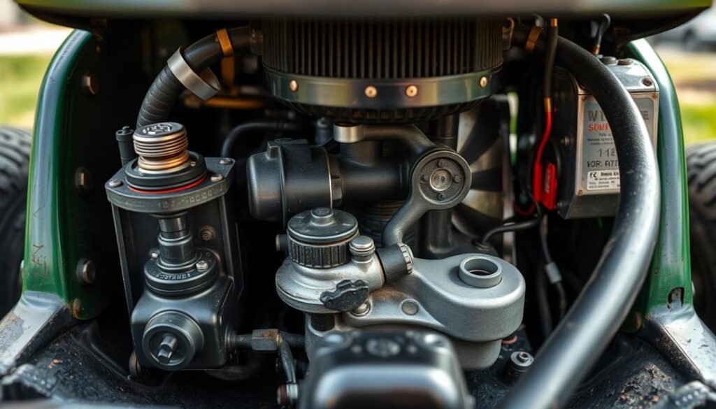 A detailed close-up view of the internal components of a lawn mower's cooling system, captured under natural lighting with a macro lens. The foreground features the engine block, with the thermostat, water pump, and coolant hoses clearly visible. The middle ground showcases the radiator and fan assembly, while the background provides a blurred glimpse of the surrounding engine bay. The overall scene conveys a sense of technical complexity and the importance of understanding these intricate systems for effective lawn mower maintenance and repair. A detailed close-up view of the internal components of a lawn mower's cooling system, captured under natural lighting with a macro lens. The foreground features the engine block, with the thermostat, water pump, and coolant hoses clearly visible. The middle ground showcases the radiator and fan assembly, while the background provides a blurred glimpse of the surrounding engine bay. The overall scene conveys a sense of technical complexity and the importance of understanding these intricate systems for effective lawn mower maintenance and repair.