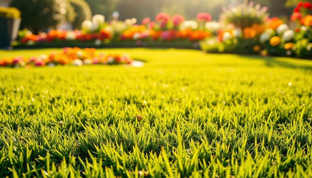 A freshly mowed lawn with lush, verdant sod, the blades of grass neatly trimmed and glistening in the warm afternoon sunlight. The foreground showcases the uniform, closely cropped surface, while the middle ground reveals the intricate pattern of the mowing lines. In the background, a picturesque scene unfolds, with vibrant flower beds and a well-tended garden providing a tranquil, natural backdrop. The scene conveys a sense of meticulous care and attention, the sod ready for its first mow, healthy and thriving, signaling the ideal timing for this important landscaping task. A freshly mowed lawn with lush, verdant sod, the blades of grass neatly trimmed and glistening in the warm afternoon sunlight. The foreground showcases the uniform, closely cropped surface, while the middle ground reveals the intricate pattern of the mowing lines. In the background, a picturesque scene unfolds, with vibrant flower beds and a well-tended garden providing a tranquil, natural backdrop. The scene conveys a sense of meticulous care and attention, the sod ready for its first mow, healthy and thriving, signaling the ideal timing for this important landscaping task.