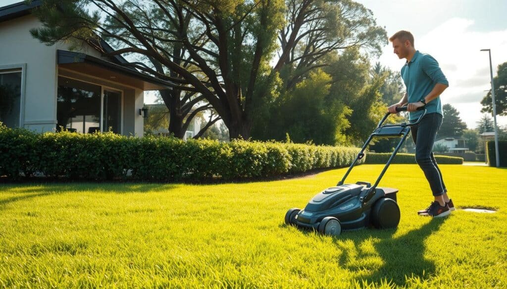A lush, green lawn stretches out before a modern, suburban home. In the foreground, a person in casual attire carefully maneuvers a sleek, electric lawn mower, its low hum cutting through the serene atmosphere. Sunlight filters through wispy clouds, casting a warm, natural glow over the scene. In the middle ground, a neatly trimmed hedge frames the lawn, while in the background, a row of towering oak trees sway gently in a light breeze. The overall mood is one of peaceful productivity, as the homeowner diligently maintains their outdoor space.