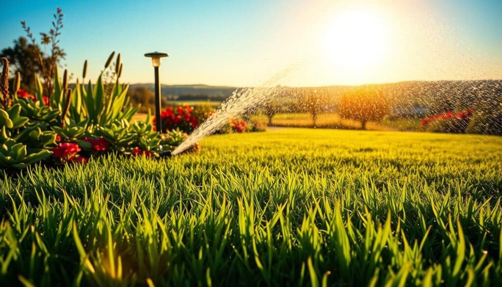 A lush, verdant lawn bathed in warm, golden sunlight. In the foreground, freshly mowed grass glistens with dewdrops, surrounded by thriving plants and vibrant blooms. The mid-ground showcases a sprinkler system, its water arcing gracefully over the lawn, nourishing the soil. In the background, a picturesque countryside landscape unfolds, with rolling hills and a clear, blue sky. The scene emanates a sense of tranquility and rejuvenation, highlighting the benefits of watering a lawn after mowing for optimal growth and healthy, thriving greenery.