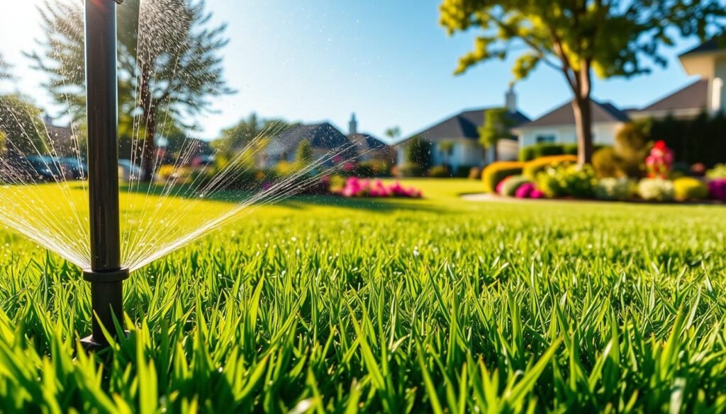 A lush, verdant lawn in bright afternoon sunlight, with droplets of water glistening on the freshly mowed blades of grass. In the foreground, a sprinkler system sprays a refreshing mist, nourishing the soil and replenishing the lawn's moisture content. The mid-ground features a well-tended garden, its vibrant flowers and foliage complementing the healthy grass. In the background, a picturesque suburban setting, with well-maintained homes and a clear, blue sky. The scene conveys a sense of tranquility and the abundant rewards of responsible lawn care, highlighting the benefits of watering after mowing for a thriving, vibrant outdoor space.