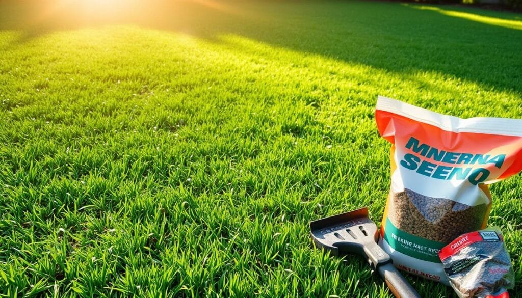 A lush, verdant lawn, its surface adorned with small, evenly spaced divots - the result of a recent aeration process. The soil beneath is exposed, ready to receive the nourishing care of overseeding and fertilization. Sunlight filters through wispy clouds, casting a warm, golden glow over the scene. In the foreground, various lawn care tools are arranged, including a core aerator, a hand-held spreader, and a bag of high-quality grass seed. The image conveys a sense of preparation and anticipation, as the homeowner prepares to embark on the journey of rejuvenating their cherished outdoor space.