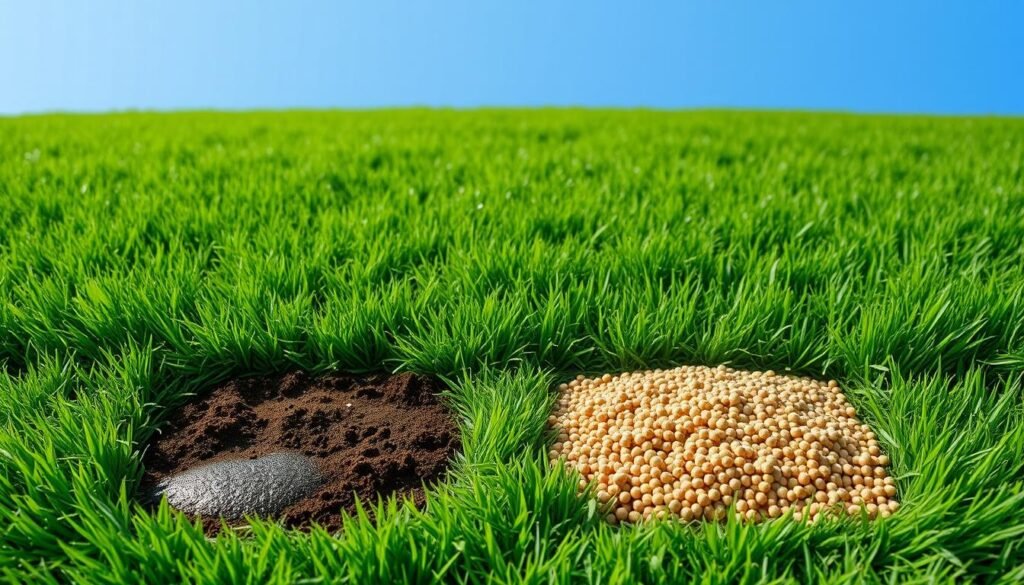 A lush, verdant lawn set against a clear blue sky. In the foreground, two side-by-side patches of soil - one glistening with the sheen of a liquid fertilizer, the other a sprinkling of granular pellets. The lighting is soft and even, accentuating the textural differences between the two application methods. The camera angle is slightly elevated, giving a broad, sweeping view of the scene. The overall mood is one of tranquility and anticipation, inviting the viewer to contemplate the differences in timing and impact between these two fertilizer options. A lush, verdant lawn set against a clear blue sky. In the foreground, two side-by-side patches of soil - one glistening with the sheen of a liquid fertilizer, the other a sprinkling of granular pellets. The lighting is soft and even, accentuating the textural differences between the two application methods. The camera angle is slightly elevated, giving a broad, sweeping view of the scene. The overall mood is one of tranquility and anticipation, inviting the viewer to contemplate the differences in timing and impact between these two fertilizer options.