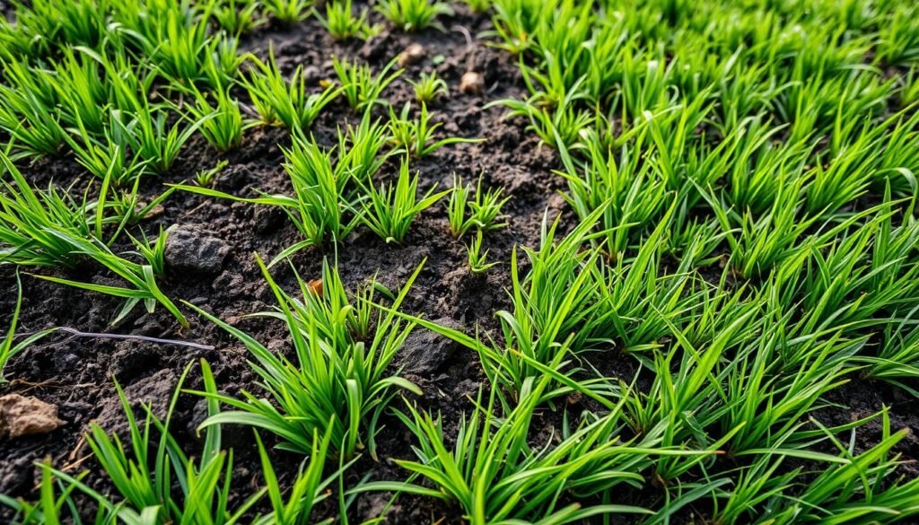 A lush, verdant lawn with a mix of different grass types, including vibrant green blades of Kentucky bluegrass, fescue, and perennial ryegrass. The soil is a rich, dark brown, with a slight texture indicating a well-aerated and nutrient-dense composition, ideal for overseeding. Soft, diffused natural light bathes the scene, creating a serene and inviting atmosphere. The camera angle is slightly elevated, providing a comprehensive view of the grass and soil conditions, allowing the viewer to fully appreciate the factors influencing the optimal timing for mowing after overseeding.