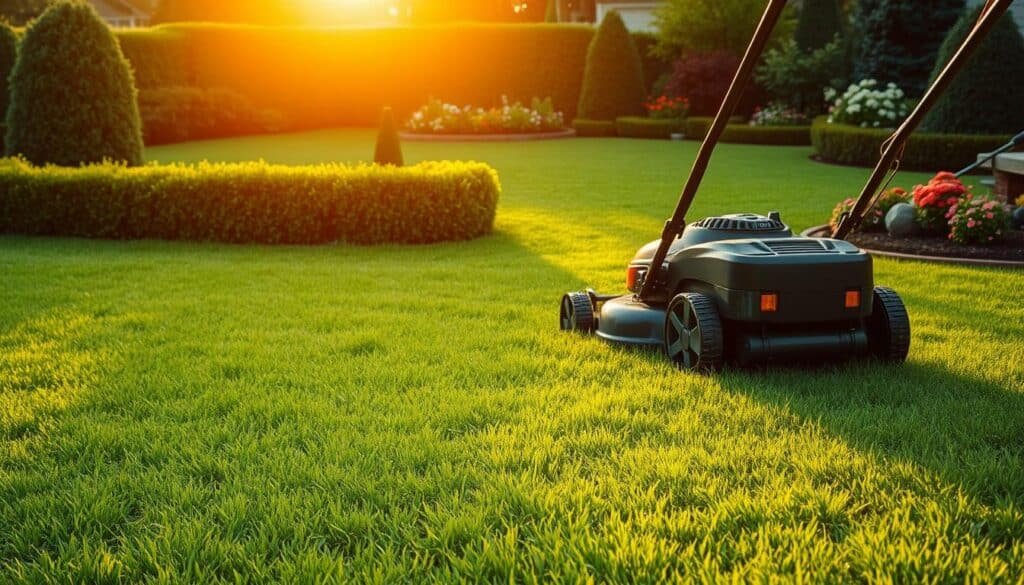 A lush, well-manicured lawn with a vibrant green hue under warm, golden hour lighting. In the foreground, a lawn mower is meticulously pushing through the grass, leaving behind neatly trimmed blades. The middle ground showcases a carefully pruned hedge, framing the scene. In the background, a picturesque garden with colorful flowers and neatly edged borders completes the idyllic landscape. The scene conveys a sense of order, attention to detail, and a commitment to lawn care best practices, emphasizing the importance of proper mowing before fertilization for optimal lawn health and appearance.