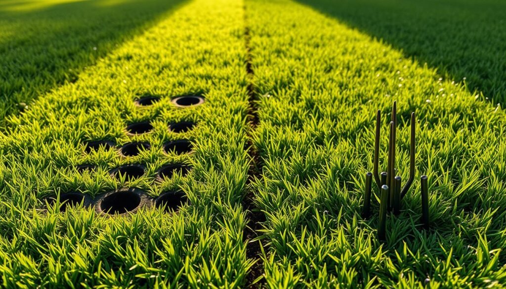 A lush, well-manicured lawn with two distinct sections. On the left, a core aeration technique is depicted, showcasing a series of evenly spaced holes punched into the soil, allowing for improved air, water, and nutrient flow. On the right, a spike aeration method is illustrated, with sharp metal tines penetrating the ground, creating pathways for vital resources. Soft, diffused lighting casts a warm, inviting glow over the scene, emphasizing the intricate details of the aeration processes. The composition is balanced and visually engaging, conveying the differences between the two techniques in a clear and informative manner.