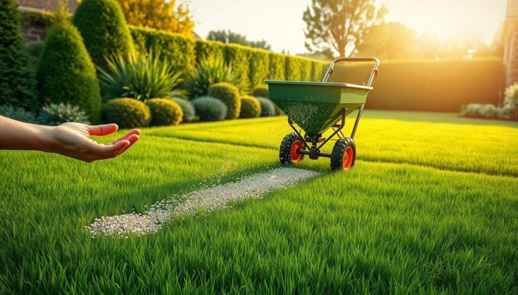 A meticulously detailed illustration of the overseeding process steps, showcased in a serene, well-lit garden setting. In the foreground, an expanse of lush, verdant lawn with scattered grass seeds being gently spread by a person's hands. The middle ground features a lawn spreader or broadcast seeder in action, dispersing the grass seed evenly across the soil. In the background, a neatly trimmed and edged lawn, complemented by vibrant greenery and a warm, golden-hour lighting atmosphere. The scene conveys a sense of precision, care, and the gradual transformation of the lawn through the overseeding process.