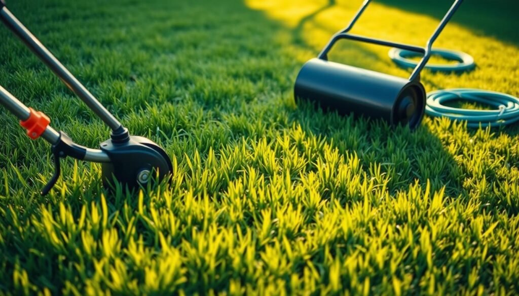 A neatly manicured lawn, freshly mowed, with lush green grass gently swaying in the soft breeze. In the foreground, a hand-held lawn edger trims the edges, creating crisp lines that define the lawn's boundaries. The midground showcases a push-behind lawn roller, smoothing out any uneven areas and compacting the soil to promote healthy growth. In the background, a garden hose coils neatly, ready to provide the necessary hydration for the lawn's recovery after mowing. The scene is bathed in warm, golden sunlight, casting long shadows and creating a serene, inviting atmosphere, reflecting the care and attention needed for a thriving post-mowed lawn. A neatly manicured lawn, freshly mowed, with lush green grass gently swaying in the soft breeze. In the foreground, a hand-held lawn edger trims the edges, creating crisp lines that define the lawn's boundaries. The midground showcases a push-behind lawn roller, smoothing out any uneven areas and compacting the soil to promote healthy growth. In the background, a garden hose coils neatly, ready to provide the necessary hydration for the lawn's recovery after mowing. The scene is bathed in warm, golden sunlight, casting long shadows and creating a serene, inviting atmosphere, reflecting the care and attention needed for a thriving post-mowed lawn.