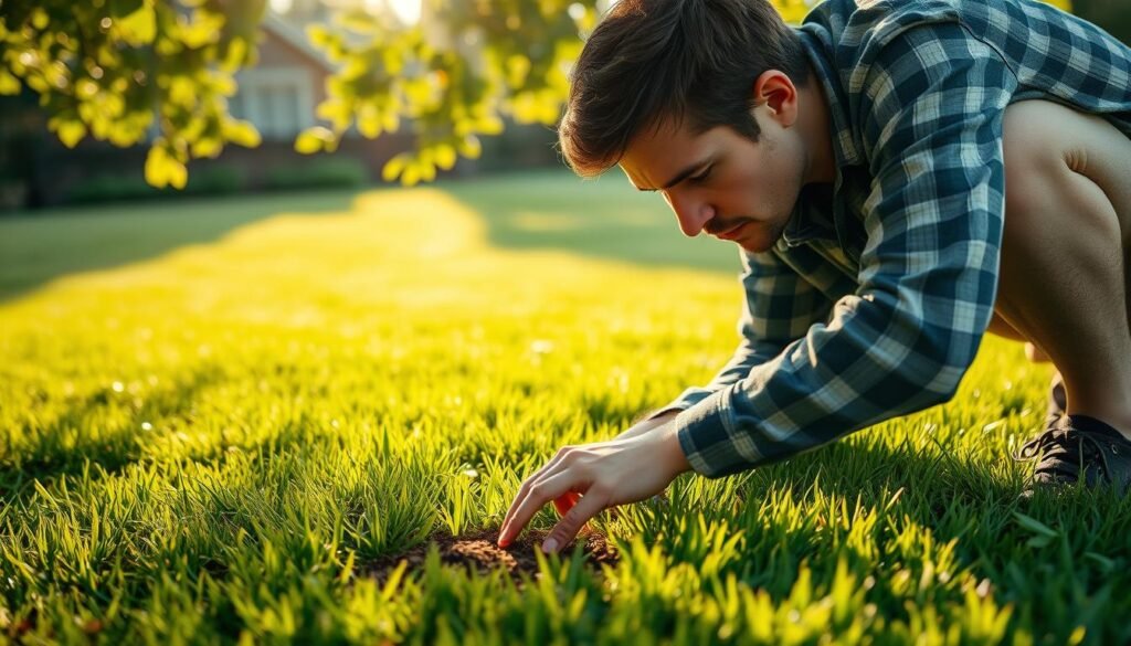 A person crouched in a lush, well-manicured lawn, gently inserting their fingers into the soil to assess the moisture content. Warm sunlight filters through the leaves of nearby trees, casting a natural, soft lighting on the scene. The person's face is focused, brow slightly furrowed, as they carefully evaluate the soil's state. In the background, a verdant, healthy lawn extends, hinting at the overall condition of the grassy expanse. The composition emphasizes the importance of understanding the lawn's hydration needs before deciding on the optimal mowing and watering sequence.