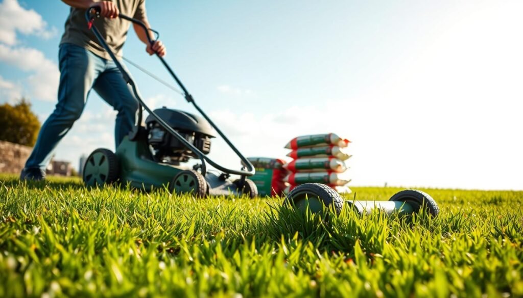 A well-manicured lawn against a bright, cloudless sky. In the foreground, a person expertly operating a high-quality push mower, their movements fluid and precise. The grass is neatly trimmed, revealing a lush, vibrant green carpet. In the middle ground, bags of premium lawn fertilizer are stacked, waiting to be applied. The scene conveys a sense of diligent care and attention to detail, with the sun casting warm, golden light across the scene. The overall impression is one of a professional, knowledgeable approach to lawn maintenance, seamlessly blending mowing and fertilizing for optimal results. A well-manicured lawn against a bright, cloudless sky. In the foreground, a person expertly operating a high-quality push mower, their movements fluid and precise. The grass is neatly trimmed, revealing a lush, vibrant green carpet. In the middle ground, bags of premium lawn fertilizer are stacked, waiting to be applied. The scene conveys a sense of diligent care and attention to detail, with the sun casting warm, golden light across the scene. The overall impression is one of a professional, knowledgeable approach to lawn maintenance, seamlessly blending mowing and fertilizing for optimal results.