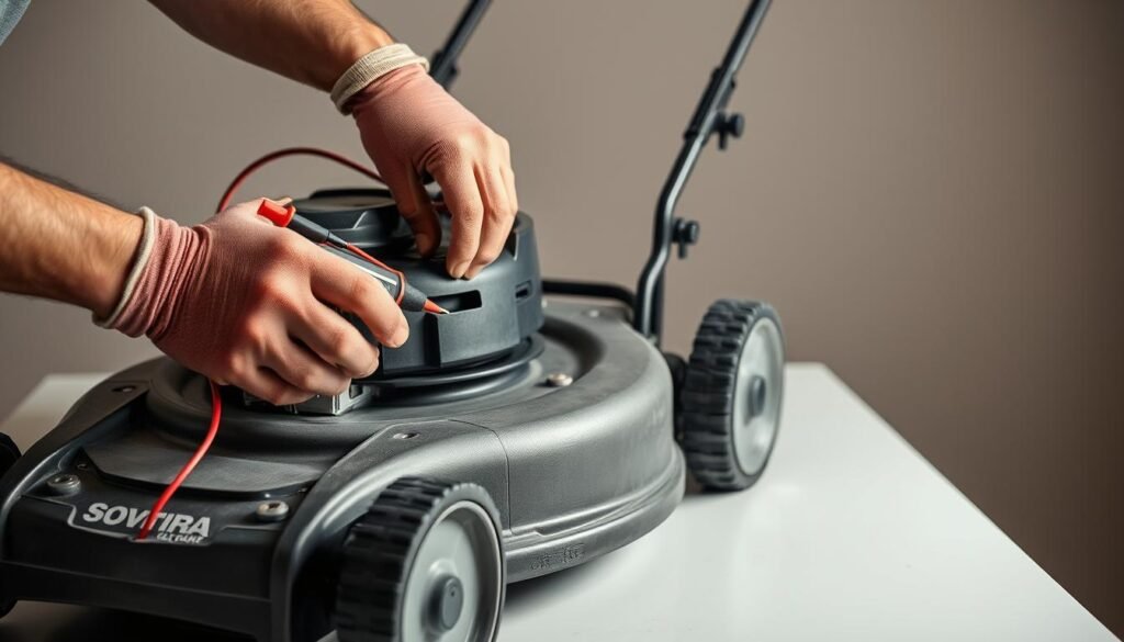 A close-up view of a person's hands carefully inspecting the battery terminals on a lawn mower. The mower is placed on a clean, well-lit workbench against a muted, neutral background. The hands are wearing protective gloves and use a multimeter to test the voltage and connection. The image conveys a sense of diligence and attention to detail, with a focus on the task at hand to ensure the lawn mower is properly maintained and ready for use. A close-up view of a person's hands carefully inspecting the battery terminals on a lawn mower. The mower is placed on a clean, well-lit workbench against a muted, neutral background. The hands are wearing protective gloves and use a multimeter to test the voltage and connection. The image conveys a sense of diligence and attention to detail, with a focus on the task at hand to ensure the lawn mower is properly maintained and ready for use.