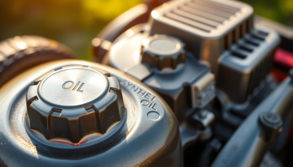 A close-up view of a synthetic oil lawn mower engine, with its metal casing gleaming under warm, natural lighting. The engine appears well-maintained, its components meticulously arranged. The foreground showcases the oil fill cap, its surface reflecting the surrounding environment. The middle ground reveals the engine's intricate design, with visible pistons, valves, and other moving parts. The background subtly blurs, drawing the focus to the engine's central role. The overall scene conveys a sense of efficiency, reliability, and the potential benefits of using synthetic oil in a lawn mower. A close-up view of a synthetic oil lawn mower engine, with its metal casing gleaming under warm, natural lighting. The engine appears well-maintained, its components meticulously arranged. The foreground showcases the oil fill cap, its surface reflecting the surrounding environment. The middle ground reveals the engine's intricate design, with visible pistons, valves, and other moving parts. The background subtly blurs, drawing the focus to the engine's central role. The overall scene conveys a sense of efficiency, reliability, and the potential benefits of using synthetic oil in a lawn mower.