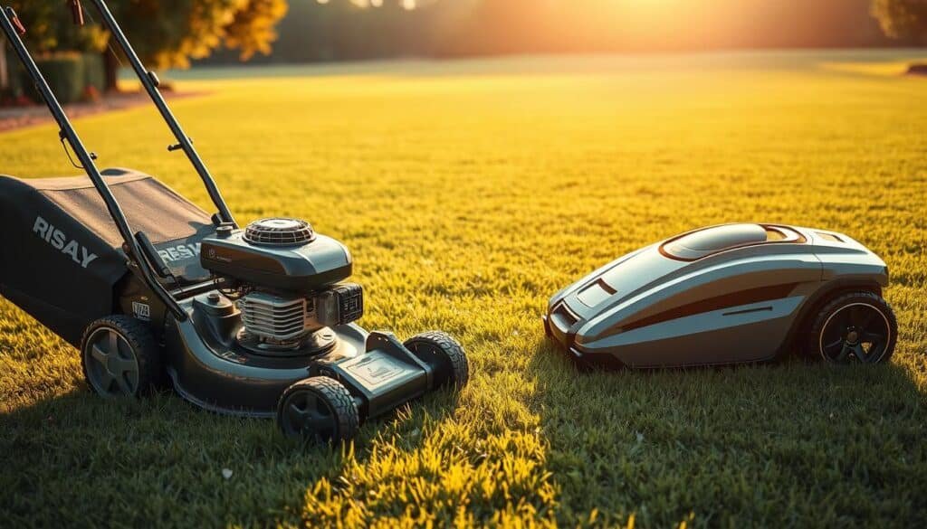 A detailed, high-quality side-by-side comparison of a traditional gasoline-powered lawn mower and a sleek, futuristic robotic lawn mower. In the foreground, the traditional mower stands with its sturdy metal construction and prominent grass catcher. In the middle ground, the robotic mower glides silently, its smooth, angular design and integrated sensors suggesting advanced autonomous functionality. In the background, a sprawling, well-manicured lawn stretches out, basking in warm, diffused sunlight that accentuates the contrasting mowers. The scene conveys a sense of progress and innovation in lawn care technology, suitable for a discerning homeowner evaluating options for their expansive property. A detailed, high-quality side-by-side comparison of a traditional gasoline-powered lawn mower and a sleek, futuristic robotic lawn mower. In the foreground, the traditional mower stands with its sturdy metal construction and prominent grass catcher. In the middle ground, the robotic mower glides silently, its smooth, angular design and integrated sensors suggesting advanced autonomous functionality. In the background, a sprawling, well-manicured lawn stretches out, basking in warm, diffused sunlight that accentuates the contrasting mowers. The scene conveys a sense of progress and innovation in lawn care technology, suitable for a discerning homeowner evaluating options for their expansive property.
