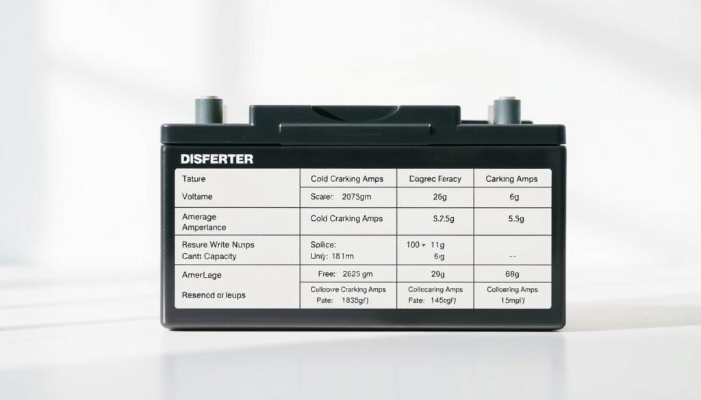 A detailed, technical chart displaying the essential specifications and performance factors of a lawn mower battery. The chart is set against a clean, minimalist background, with a soft, natural lighting that emphasizes the clarity and precision of the information. The chart features a sleek, modern design with clear labeling of key details such as voltage, amperage, reserve capacity, and cold cranking amps. The overall aesthetic is professional and informative, conveying the importance of these technical details for lawn mower owners and maintenance.