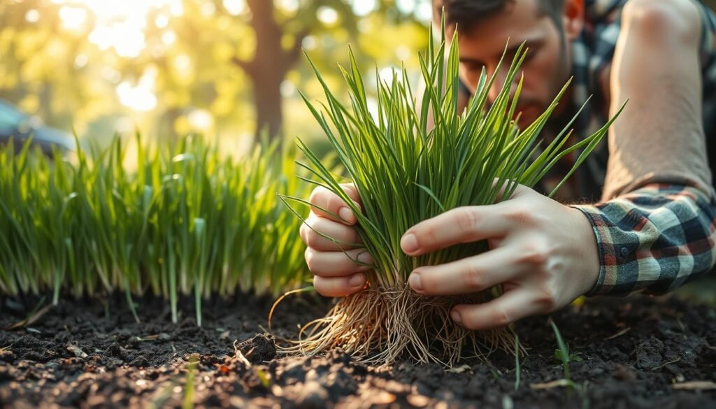 A gardener carefully examines the roots of freshly laid sod, gently separating the grass blades to inspect the network of fibrous roots. The scene is illuminated by warm, natural light filtering through the leaves of surrounding trees, casting soft shadows across the soil. The gardener's focused expression conveys a sense of diligence as they assess the strength and resilience of the sod's root system, a crucial step in determining the optimal mowing schedule for the new lawn. A gardener carefully examines the roots of freshly laid sod, gently separating the grass blades to inspect the network of fibrous roots. The scene is illuminated by warm, natural light filtering through the leaves of surrounding trees, casting soft shadows across the soil. The gardener's focused expression conveys a sense of diligence as they assess the strength and resilience of the sod's root system, a crucial step in determining the optimal mowing schedule for the new lawn.