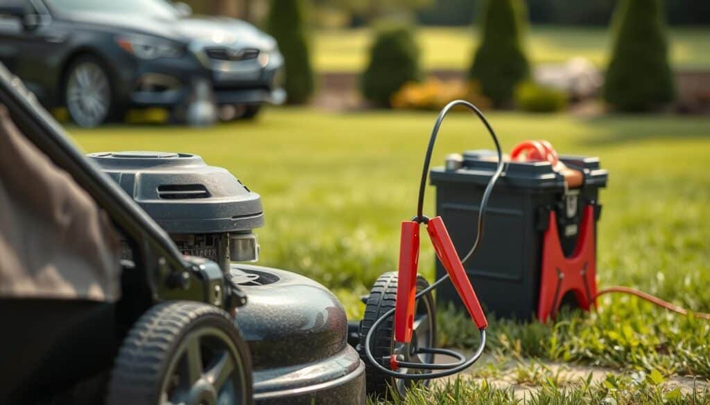 A high-resolution image of a properly connected lawn mower to a car battery using jumper cables. The mower is positioned in the foreground, with the car in the middle-ground and a well-manicured lawn in the background. The jumper cables are neatly and securely attached, with the positive and negative terminals clearly visible. The lighting is natural, with soft shadows highlighting the contours of the equipment. The overall scene conveys a sense of order, attention to detail, and safety. The camera angle is slightly elevated, providing a clear view of the connection process. A high-resolution image of a properly connected lawn mower to a car battery using jumper cables. The mower is positioned in the foreground, with the car in the middle-ground and a well-manicured lawn in the background. The jumper cables are neatly and securely attached, with the positive and negative terminals clearly visible. The lighting is natural, with soft shadows highlighting the contours of the equipment. The overall scene conveys a sense of order, attention to detail, and safety. The camera angle is slightly elevated, providing a clear view of the connection process.