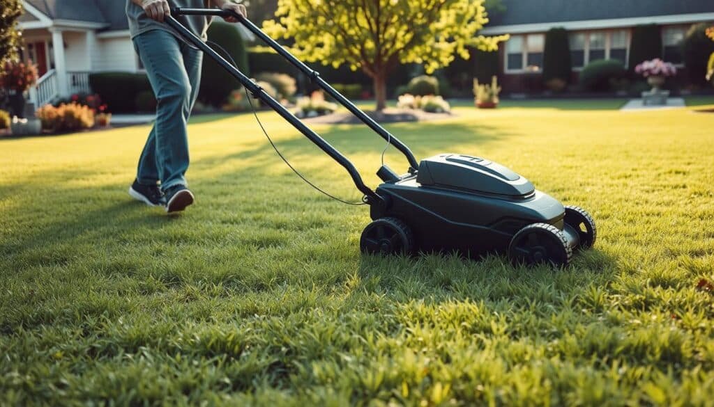 A lush, green lawn gently illuminated by soft, natural lighting. In the foreground, a person in casual attire carefully maneuvering a modern push mower, their movements precise and methodical. The mower's blades glide effortlessly over the newly overseeded grass, leaving behind a neatly trimmed and uniform surface. In the middle ground, patches of vibrant, emerging seedlings are visible, interspersed with the established grass. The background showcases a picturesque suburban setting, with a well-maintained garden and a few mature trees providing a serene, idyllic backdrop. The overall scene conveys a sense of care, attention, and the rewarding process of maintaining a healthy, thriving lawn after overseeding.