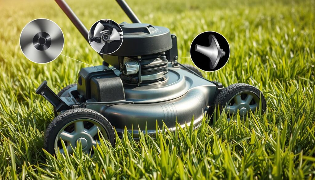 A lush green lawn, its blades swaying gently in the breeze, is the backdrop for a detailed close-up of a modern lawn mower. The machine, its metallic body gleaming under soft, natural lighting, sits at the center of the frame, its engine and moving parts visible. Surrounding the lawn mower are various elements that contribute to its noise output, such as the spinning blades, the exhaust system, and the air intake. These elements are highlighted with technical precision, showcasing the complexity of factors that influence the overall sound level of a lawn mower in operation. The image conveys a sense of scientific inquiry, inviting the viewer to explore and understand the various mechanisms that contribute to the familiar hum of a lawn mower. A lush green lawn, its blades swaying gently in the breeze, is the backdrop for a detailed close-up of a modern lawn mower. The machine, its metallic body gleaming under soft, natural lighting, sits at the center of the frame, its engine and moving parts visible. Surrounding the lawn mower are various elements that contribute to its noise output, such as the spinning blades, the exhaust system, and the air intake. These elements are highlighted with technical precision, showcasing the complexity of factors that influence the overall sound level of a lawn mower in operation. The image conveys a sense of scientific inquiry, inviting the viewer to explore and understand the various mechanisms that contribute to the familiar hum of a lawn mower.