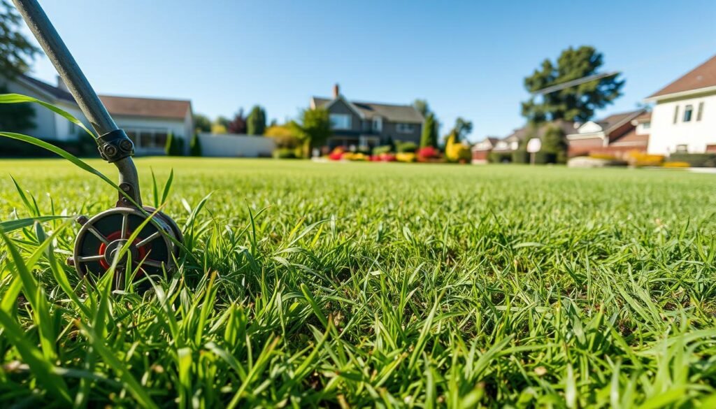 A lush green lawn with an ongoing aeration process, captured in a detailed high-resolution photograph. In the foreground, a lawn aerator machine with metal tines is punching small holes into the soil, exposing the roots to air and water. Surrounding the machine, blades of grass sway gently in a soft breeze. In the middle ground, the freshly aerated lawn stretches out, revealing a textured pattern of perforations. The background features a picturesque suburban setting, with a well-manicured garden and a clear blue sky overhead, illuminated by natural, diffused lighting that casts long shadows across the scene. A lush green lawn with an ongoing aeration process, captured in a detailed high-resolution photograph. In the foreground, a lawn aerator machine with metal tines is punching small holes into the soil, exposing the roots to air and water. Surrounding the machine, blades of grass sway gently in a soft breeze. In the middle ground, the freshly aerated lawn stretches out, revealing a textured pattern of perforations. The background features a picturesque suburban setting, with a well-manicured garden and a clear blue sky overhead, illuminated by natural, diffused lighting that casts long shadows across the scene.