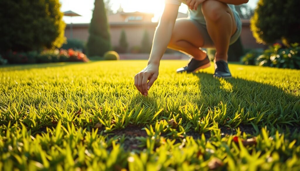 A lush, verdant lawn with freshly laid sod takes center stage. In the foreground, a person in casual attire kneels down, gently pressing their fingers into the soil to assess its readiness for mowing. The scene is bathed in warm, golden sunlight, casting soft shadows and highlighting the vibrant green hues of the grass. In the background, a well-manicured garden frames the scene, creating a sense of harmony and tranquility. The image conveys a serene, contemplative mood, as the person carefully examines the new sod, evaluating its progress towards a healthy, thriving lawn. A lush, verdant lawn with freshly laid sod takes center stage. In the foreground, a person in casual attire kneels down, gently pressing their fingers into the soil to assess its readiness for mowing. The scene is bathed in warm, golden sunlight, casting soft shadows and highlighting the vibrant green hues of the grass. In the background, a well-manicured garden frames the scene, creating a sense of harmony and tranquility. The image conveys a serene, contemplative mood, as the person carefully examines the new sod, evaluating its progress towards a healthy, thriving lawn.