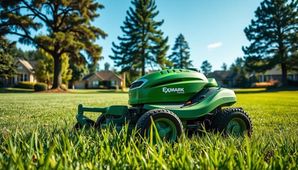 A well-lit, high-definition outdoor scene capturing an Exmark commercial lawn mower in action. The mower is situated in the middle ground, its sleek, vibrant green body and sturdy wheels prominently displayed. The foreground features lush, neatly trimmed grass, while the background showcases a picturesque suburban landscape, with towering trees and a clear blue sky. The mower is operating at an optimal performance level, effortlessly cutting through the grass with precision and power, conveying a sense of reliable, high-quality workmanship. The overall atmosphere is one of efficiency, durability, and pride in one's lawn care.