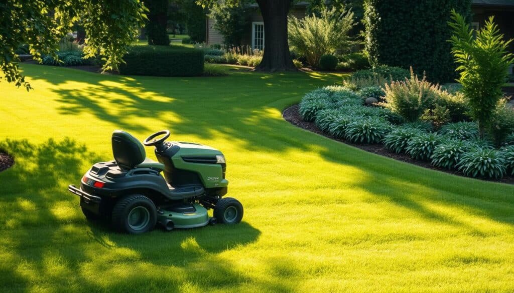 A well-manicured lawn surrounded by lush greenery, the sun's rays gently filtering through the trees. In the foreground, a sleek, zero-turn mower glides effortlessly across the grass, its powerful engine and precise maneuverability on full display. The mower's tight turning radius allows it to navigate around obstacles and intricate landscaping with ease, while its efficient design minimizes the time and effort required for mowing. The middle ground showcases the mower's impressive speed and agility, cutting a clean, even path as it seamlessly transitions between different sections of the yard. In the background, a meticulously maintained garden adds to the overall sense of order and tranquility, highlighting the benefits of using a zero-turn mower for both form and function.