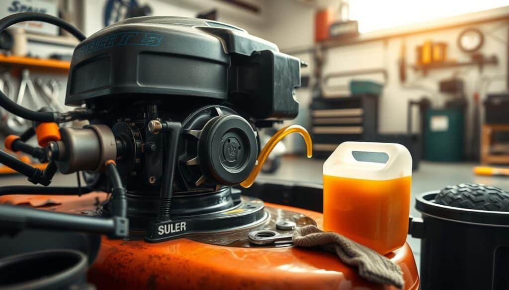 High-quality, detailed image of a lawn mower oil change process. Focus on the foreground with a lawn mower engine, oil container, and tools like wrenches and rags. Set the scene in a well-lit garage or workshop, with a clean, organized background. Capture the step-by-step workflow, with the engine opened and oil being drained into a container. Convey a sense of professionalism and attention to detail. Use a wide-angle lens to showcase the full scene, with natural lighting and a slightly warm color palette to create a pleasant, informative atmosphere. High-quality, detailed image of a lawn mower oil change process. Focus on the foreground with a lawn mower engine, oil container, and tools like wrenches and rags. Set the scene in a well-lit garage or workshop, with a clean, organized background. Capture the step-by-step workflow, with the engine opened and oil being drained into a container. Convey a sense of professionalism and attention to detail. Use a wide-angle lens to showcase the full scene, with natural lighting and a slightly warm color palette to create a pleasant, informative atmosphere.