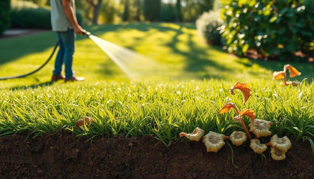 Sprawling lawn under a warm afternoon sun, freshly mowed with crisp, flattened blades. A gardener approaches, hose in hand, about to douse the soil. But wait - a subtle shift in the scene reveals the potential pitfalls. Damp, matted grass clings to the earth, inhibiting airflow and trapping moisture. Fungal growth creeps along the surface, a telltale sign of overwatering. The lush green hue fades, replaced by a sickly, yellowed pallor. In the background, wilting, discolored leaves hint at the damaging effects of this well-intentioned but ill-timed watering ritual. A cautionary tale of how good intentions can backfire, captured in a single frame.