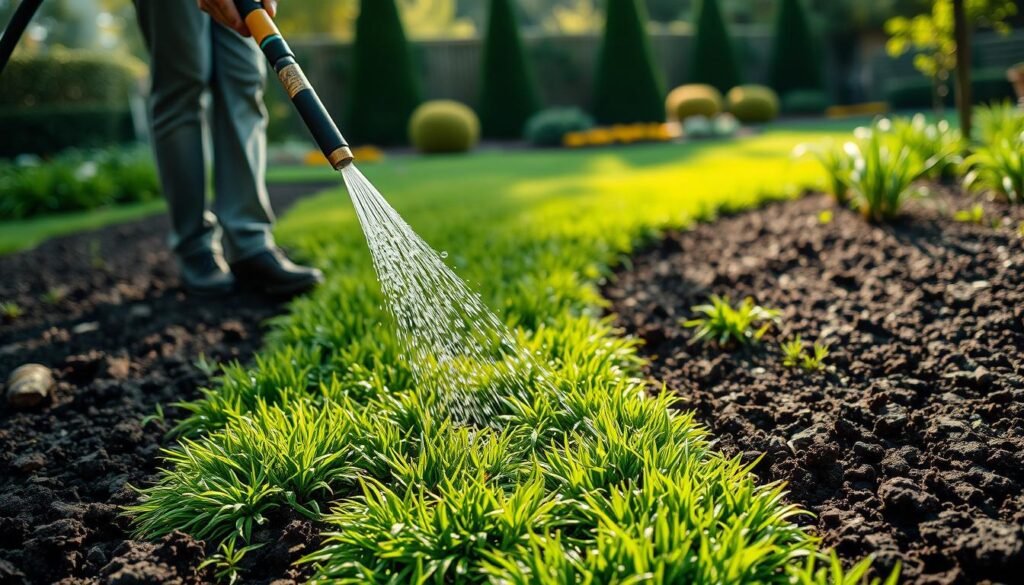 Vibrant, lush green sod lawn being meticulously watered by a person holding a garden hose, water gently cascading over the fresh grass. Soft, diffused natural lighting illuminates the scene, casting gentle shadows. The soil is dark and rich, recently tilled and prepared to nourish the new grass. In the background, a well-manicured garden and verdant trees create a serene, bucolic atmosphere. The overall mood is one of care, attention, and the pride of a homeowner tending to their newly laid lawn. Vibrant, lush green sod lawn being meticulously watered by a person holding a garden hose, water gently cascading over the fresh grass. Soft, diffused natural lighting illuminates the scene, casting gentle shadows. The soil is dark and rich, recently tilled and prepared to nourish the new grass. In the background, a well-manicured garden and verdant trees create a serene, bucolic atmosphere. The overall mood is one of care, attention, and the pride of a homeowner tending to their newly laid lawn.