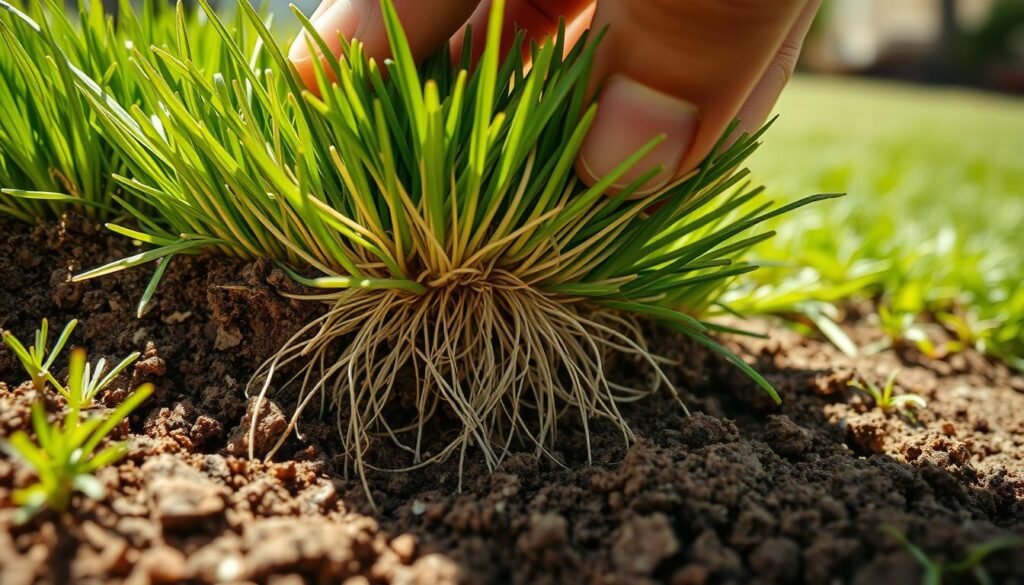 A close-up view of a hand gently lifting a section of freshly laid sod, revealing the intricate network of fine roots emerging from the soil below. The sod is lush and vibrant, the texture of the grass blades and the soil evident. Diffuse natural lighting illuminates the scene, casting soft shadows that add depth and dimensionality. The image is captured from a low angle, emphasizing the soil's earthy hues and the delicate, intertwined roots, conveying the process of sod establishment in a visually compelling manner. The overall mood is one of curiosity and scientific exploration, inviting the viewer to examine the critical early stages of lawn development.