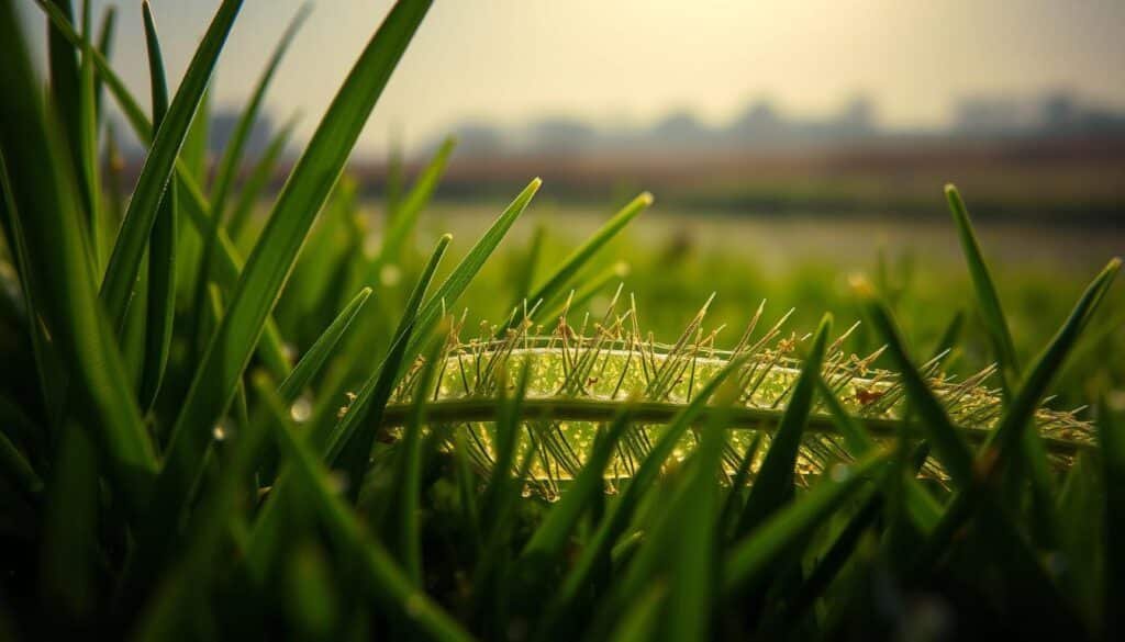 A close-up view of grass blades under a high-powered microscope, illuminated by soft, diffuse lighting from multiple angles. The blades are in sharp focus, revealing intricate cellular structures and the impact of a recent mowing. The middle ground showcases the cross-section of a freshly cut blade, exposing the internal layers and the effects of the mowing blade's passage. In the background, a hazy, out-of-focus landscape suggests the broader context of a lawn. The overall tone is one of scientific exploration, with a sense of wonder and attention to detail.