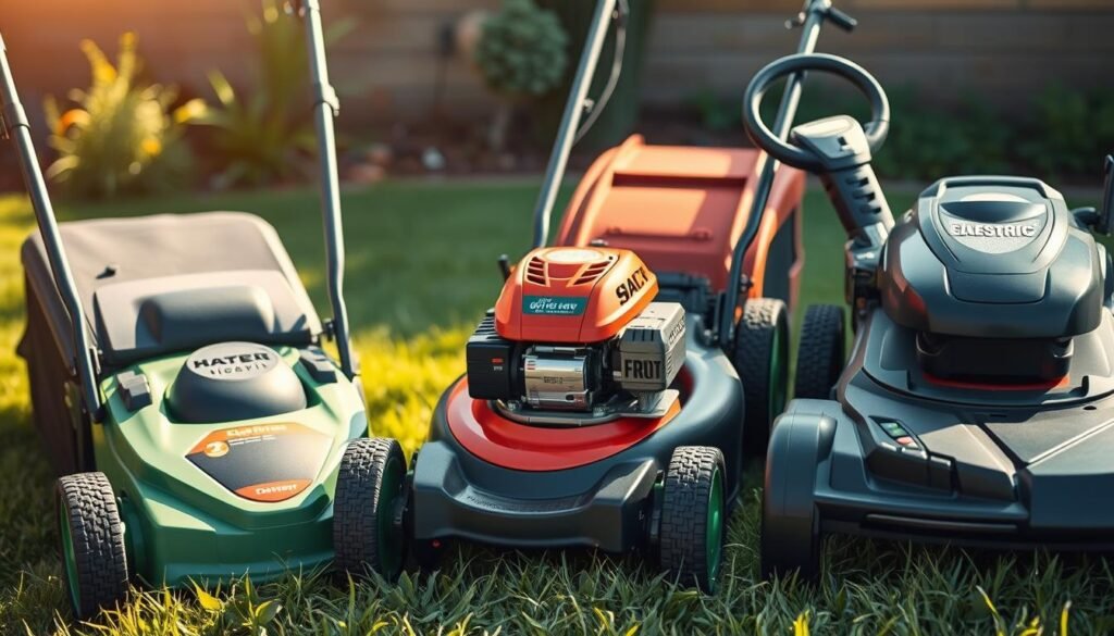 A detailed side-by-side comparison of different types of lawn mowers, including a high-quality push mower, a robust self-propelled gas mower, and a sleek electric cordless model. The mowers are arranged in a visually appealing layout, showcasing their distinctive features and designs. The scene is bathed in warm, natural lighting, creating a welcoming and informative atmosphere. The focus is sharp, and the angle emphasizes the scale and functionality of each mower, allowing the viewer to appreciate the nuances between the different models. The overall composition is both informative and aesthetically pleasing, perfectly suited to illustrate the "My Personal Experience with Different Mowers" section of the article.