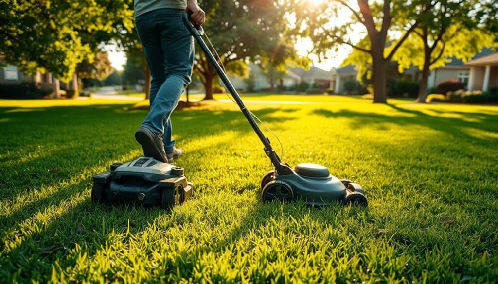 A freshly mowed lawn, the lush green grass glistening with morning dew. In the foreground, a person in casual attire gently pushes a modern, electric lawn mower, the blades effortlessly slicing through the dense, newly laid sod. Sunlight filters through the leaves of surrounding trees, casting a warm, golden glow over the scene. The mower leaves behind crisp, evenly cut lines, signaling the start of a healthy, thriving lawn. In the background, a picturesque suburban neighborhood comes into view, adding a sense of tranquility and accomplishment to the moment. The overall tone is one of diligence, care, and the satisfying process of establishing a new, vibrant outdoor space.