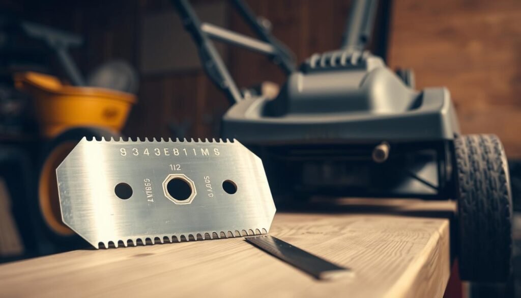 A freshly sharpened lawnmower blade sits on a wooden workbench, bathed in warm, diffused lighting. The blade's metallic surface gleams, the sharp edges clearly visible. In the background, a lawn mower stands ready, its clean, well-maintained body hinting at the precision of its operation. The scene evokes a sense of preparedness and attention to detail, perfectly capturing the essence of "Essential Preparation Before Your First Mow." A freshly sharpened lawnmower blade sits on a wooden workbench, bathed in warm, diffused lighting. The blade's metallic surface gleams, the sharp edges clearly visible. In the background, a lawn mower stands ready, its clean, well-maintained body hinting at the precision of its operation. The scene evokes a sense of preparedness and attention to detail, perfectly capturing the essence of "Essential Preparation Before Your First Mow."