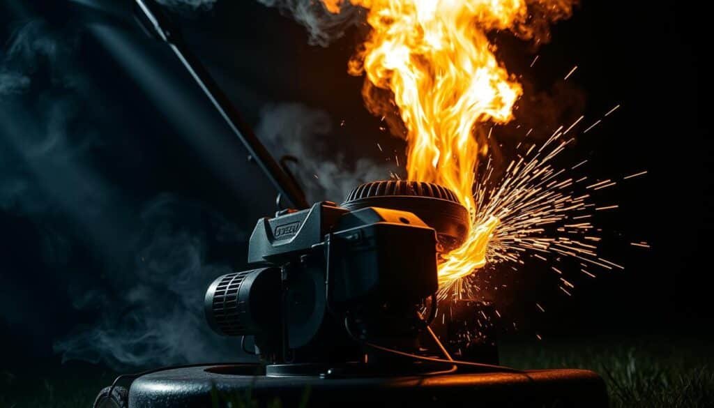 A lawn mower emitting a sudden burst of flame and smoke, captured in a dramatic low-angle shot. The engine is exposed, with intricate mechanical details visible. Sparks fly as the backfire ignites the fuel-air mixture, creating a fiery display against a dark, moody background. Beams of light pierce through the haze, casting dramatic shadows and highlighting the scene's intensity. The composition emphasizes the explosive power and potential dangers of a backfiring lawn mower engine.