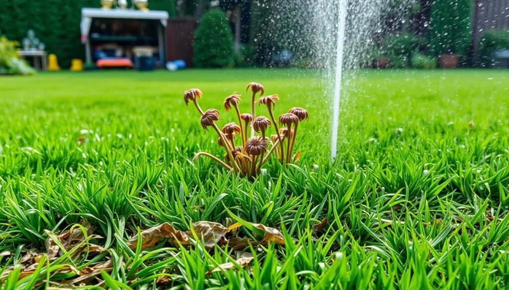 A lush green lawn, its blades glistening with water droplets, as a powerful sprinkler system waters the grass. In the foreground, a thick layer of cut grass clippings lies on the surface, impeding the water's ability to penetrate the soil. In the middle ground, a group of wilted plants struggle to absorb the excess moisture, their leaves drooping with the weight of the water. The background reveals a cluttered garden shed, hinting at the potential for waterlogging and soil compaction from the continuous watering. The overall scene conveys a sense of overwatering and the negative consequences it can have on the lawn's health and the surrounding ecosystem.