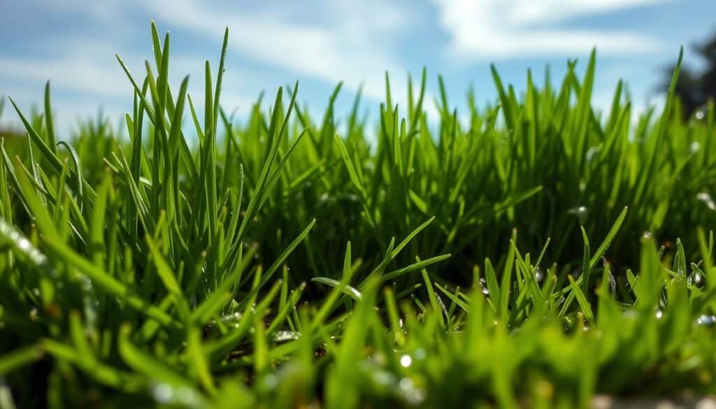 A lush green lawn with newly laid sod, its blades vibrant and upright, glistening with morning dew. The foreground showcases a close-up view of the sod, revealing its delicate root system taking hold in the soil. The middle ground captures a wider perspective, highlighting the uniform texture and color of the freshly installed turf. In the background, a clear blue sky with wispy clouds creates a serene, natural atmosphere. The lighting is soft and diffused, accentuating the verdant hues of the sod. The overall composition conveys a sense of healthy, thriving growth, providing a visual cue for when new sod is ready to be mowed.