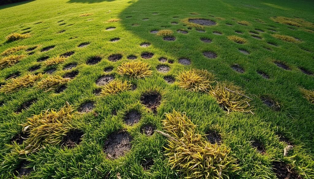 A lush, overgrown lawn with distinct patterns of discoloration and decay. In the foreground, patches of yellowing, wilting grass create an uneven textural landscape. Closer inspection reveals the telltale signs of fungal disease - circular spots of brown and gray, creating a mottled, sickly appearance. The middle ground showcases the gradual transition from healthy green blades to the infected areas, as if the disease is steadily encroaching. In the background, the overall lawn appears dull and lifeless, the vibrant verdure giving way to a subdued, somber palette. The lighting is soft and diffused, casting long shadows that accentuate the undulations of the terrain, creating a sense of melancholy and neglect. Captured with a wide-angle lens to convey the full scope of the lawn's deterioration. A lush, overgrown lawn with distinct patterns of discoloration and decay. In the foreground, patches of yellowing, wilting grass create an uneven textural landscape. Closer inspection reveals the telltale signs of fungal disease - circular spots of brown and gray, creating a mottled, sickly appearance. The middle ground showcases the gradual transition from healthy green blades to the infected areas, as if the disease is steadily encroaching. In the background, the overall lawn appears dull and lifeless, the vibrant verdure giving way to a subdued, somber palette. The lighting is soft and diffused, casting long shadows that accentuate the undulations of the terrain, creating a sense of melancholy and neglect. Captured with a wide-angle lens to convey the full scope of the lawn's deterioration.
