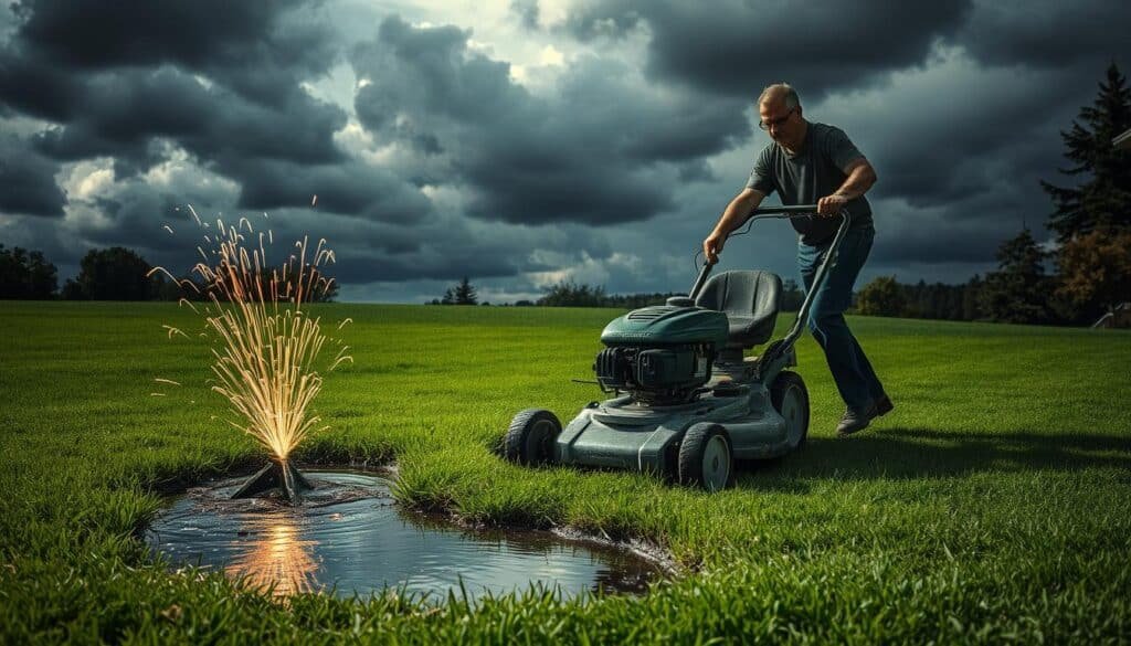 A lush, verdant lawn lies before the viewer, but ominous clouds loom overhead. In the foreground, a malfunctioning lawn mower spews sparks, its blade dangerously exposed. Nearby, a puddle of water glistens, a treacherous obstacle. The mower's operator, oblivious to the risks, pushes the machine recklessly forward. Dramatic chiaroscuro lighting casts deep shadows, heightening the sense of danger. The scene is a cautionary tale, a vivid depiction of the real hazards of mowing wet grass - a sobering reminder of the importance of safety and vigilance in lawn care. A lush, verdant lawn lies before the viewer, but ominous clouds loom overhead. In the foreground, a malfunctioning lawn mower spews sparks, its blade dangerously exposed. Nearby, a puddle of water glistens, a treacherous obstacle. The mower's operator, oblivious to the risks, pushes the machine recklessly forward. Dramatic chiaroscuro lighting casts deep shadows, heightening the sense of danger. The scene is a cautionary tale, a vivid depiction of the real hazards of mowing wet grass - a sobering reminder of the importance of safety and vigilance in lawn care.