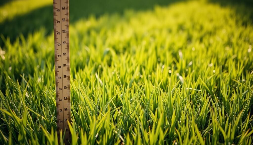 A lush, verdant lawn stretches out before the viewer, its blades of grass gently swaying in a soft breeze. In the foreground, a ruler or measuring device stands upright, its markings clearly visible, allowing the viewer to gauge the height of the new grass. The lighting is natural and soft, casting a warm, golden glow across the scene. The image is captured at a low angle, emphasizing the height and texture of the grass while providing a clear view of the measurement tool. The overall mood is one of tranquility and attention to detail, conveying the importance of timing and monitoring the growth of new grass.
