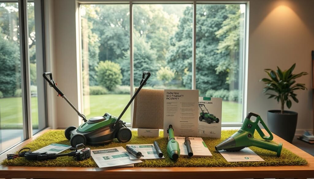 A modern, well-lit interior office space with a large window overlooking a lush, verdant outdoor landscape. On the desk, an assortment of electric lawn equipment, including a cordless mower, trimmer, and blower, accompanied by informational brochures and financial incentive documents. The lighting is warm and inviting, casting a gentle glow on the scene. The overall atmosphere conveys a sense of environmental responsibility and the financial benefits of transitioning to eco-friendly lawn care solutions. A modern, well-lit interior office space with a large window overlooking a lush, verdant outdoor landscape. On the desk, an assortment of electric lawn equipment, including a cordless mower, trimmer, and blower, accompanied by informational brochures and financial incentive documents. The lighting is warm and inviting, casting a gentle glow on the scene. The overall atmosphere conveys a sense of environmental responsibility and the financial benefits of transitioning to eco-friendly lawn care solutions.