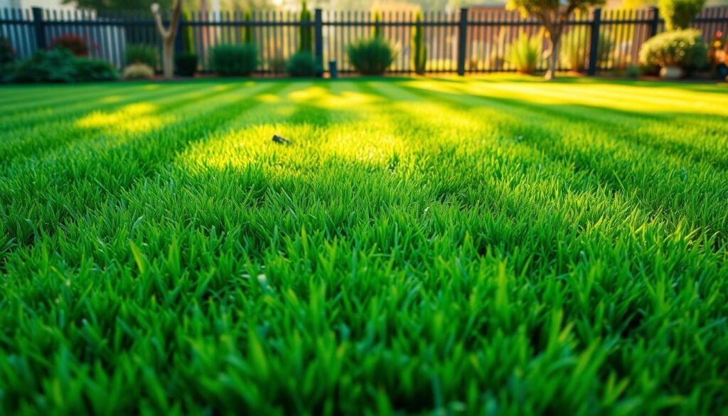 A neatly organized lawn mowing pattern guide, showcasing a meticulously mowed lawn with a distinct striped pattern. The foreground depicts a vibrant, lush green grass surface, freshly cut with a sharp lawnmower. The middle ground features a series of parallel lines, forming a visually appealing striped pattern, illuminated by warm, directional sunlight casting soft shadows. The background suggests a tranquil suburban setting, with a well-maintained fence or landscaping elements providing context. The overall scene conveys a sense of order, attention to detail, and a commitment to maintaining a healthy, visually appealing new lawn.