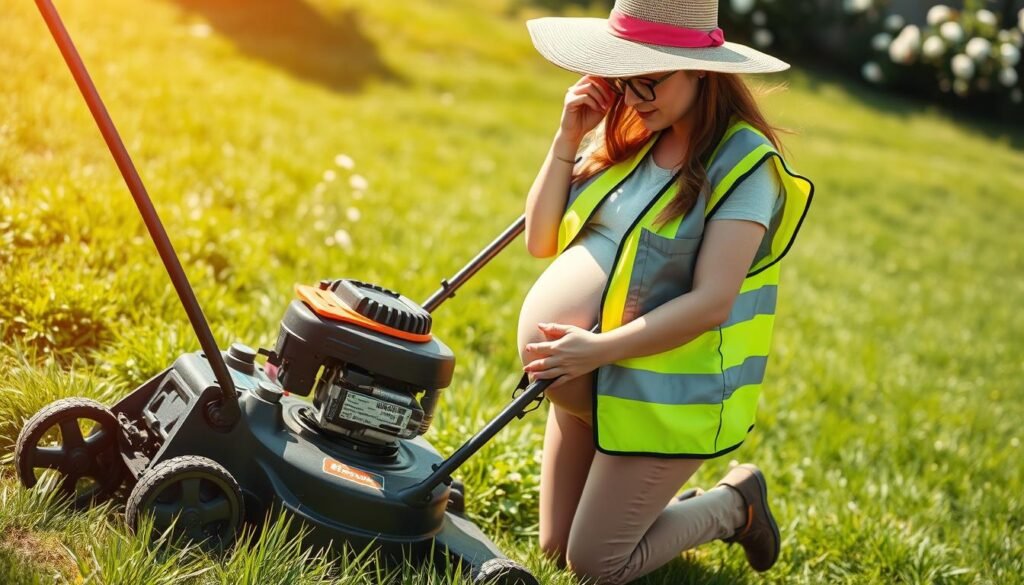 A pregnant woman in a sunny backyard, carefully examining a modern push lawn mower. She is outfitted in a high-visibility safety vest, sturdy work boots, and a wide-brimmed hat that shields her face. The mower's deck is meticulously cleaned, and the blade is freshly sharpened. In the background, lush green grass and blooming flowers create a peaceful, nurturing atmosphere. Soft, diffused lighting accentuates the scene, conveying a sense of care and attention to detail. The composition emphasizes the woman's focused and deliberate approach to mowing safely during her pregnancy.