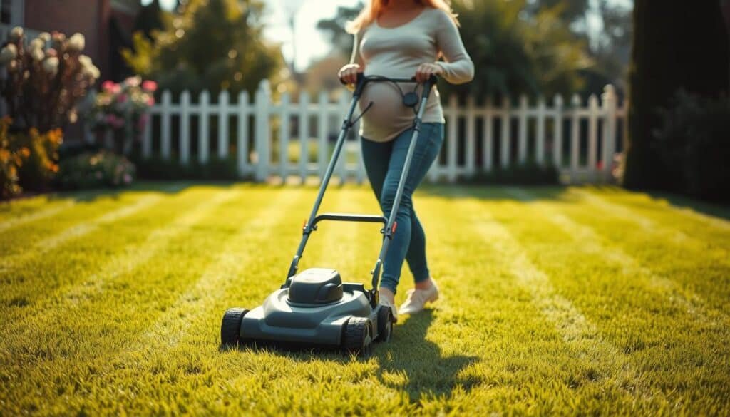 A pregnant woman mowing a lush green lawn on a sunny afternoon. In the foreground, she is pushing a modern push mower, her baby bump visible. The middle ground shows the freshly mowed grass, creating a striped pattern. In the background, a well-manicured garden with blooming flowers and a picket fence frames the scene. The lighting is soft and warm, creating a peaceful, domestic atmosphere. The camera angle is slightly low, capturing the woman's determined expression as she navigates the task with care and caution.