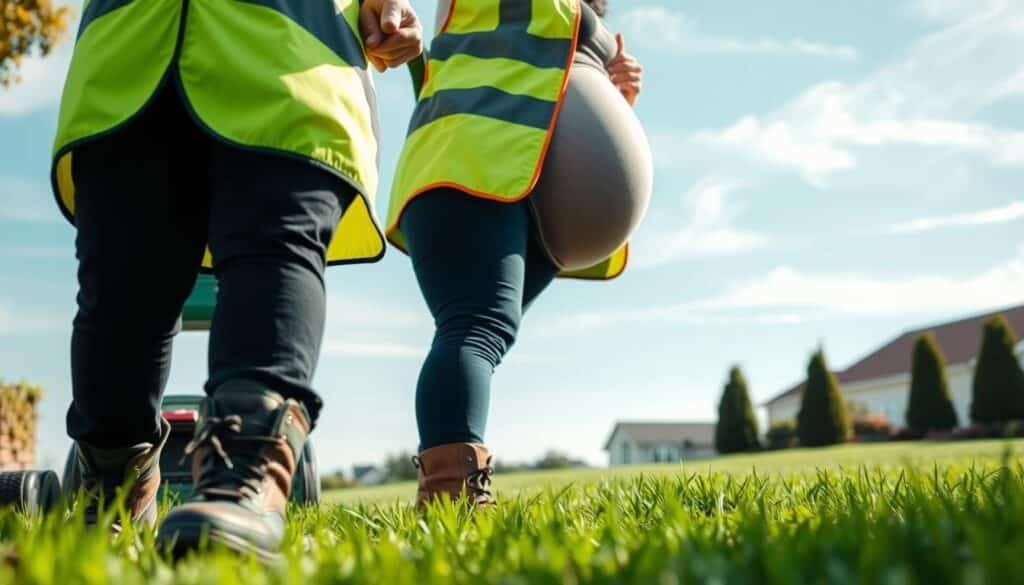 A pregnant woman mowing a lush green lawn, wearing a high-visibility safety vest and sturdy boots. In the foreground, her hands firmly grip the lawn mower's handles, her movements slow and deliberate. The middle ground shows a well-manicured yard, with carefully trimmed edges and neatly stacked grass clippings. The background features a clear blue sky, with a few wispy clouds, conveying a sense of tranquility and safety. The lighting is soft and diffused, creating gentle shadows that highlight the woman's cautious steps. The overall scene radiates an atmosphere of responsible lawn care, where the pregnant woman's safety is the top priority.