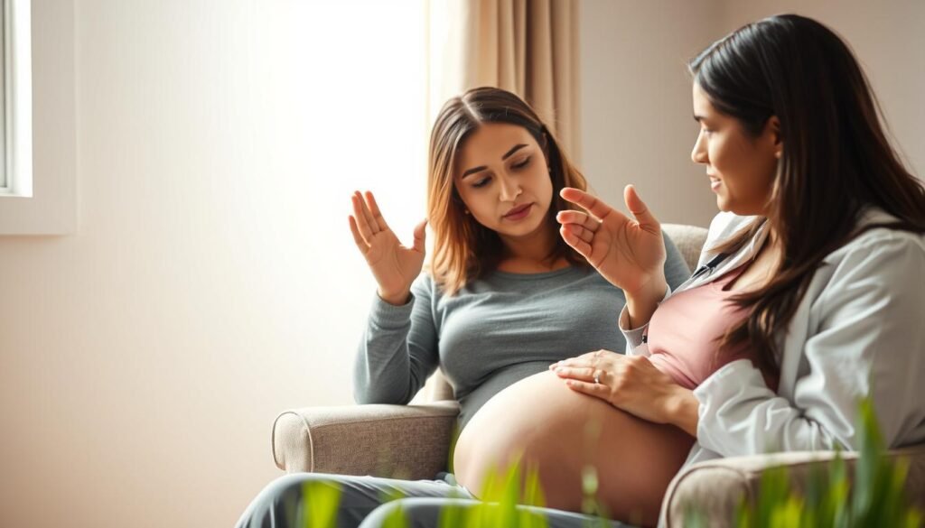 A pregnant woman sits in a comfortable armchair, consulting a healthcare provider about lawn care. The woman's expression is one of concern and curiosity, as the provider gestures with their hands, explaining something intently. The room is well-lit, with soft, natural lighting filtering in from a nearby window. The walls are a soothing neutral color, creating a calming atmosphere. The woman's belly is gently rounded, indicating her advanced stage of pregnancy. The provider's attire suggests a professional medical setting, while the woman's clothing is casual and relaxed. The scene captures a thoughtful, informative conversation about the important considerations for a pregnant woman tending to her lawn.