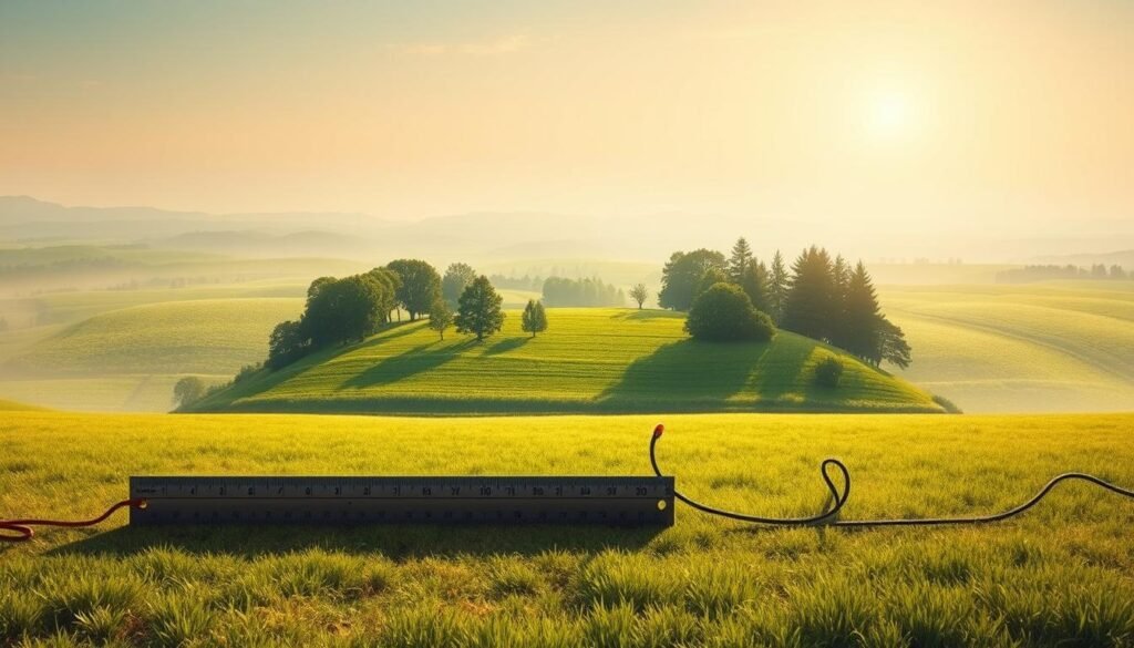 A sweeping landscape depicting the scope and scale of an acre of land. In the foreground, a detailed illustration of a ruler or measuring tool, casting a crisp shadow across the ground. The middle ground showcases a vivid, photorealistic representation of an acre-sized plot, with lush green grass, towering trees, and a sense of depth and dimension. The background features a soft, hazy horizon, gently blending into a serene sky with warm, natural lighting. The overall composition conveys a clear understanding of the true size and proportions of an acre, inviting the viewer to fully grasp the magnitude of this fundamental land measurement.