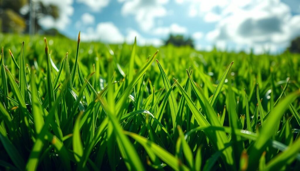 A vibrant, lush green lawn, with sunlight gently filtering through wispy clouds, revealing the delicate, glistening tips of the freshly mowed grass. In the foreground, the blades are parted, showcasing the intricate textures and hues of the damp vegetation. A close-up, high-angle perspective emphasizes the detailed patterns and the subtle sheen of the moisture-laden grass. The overall scene conveys a sense of tranquility and a harmonious balance between nature and the task of carefully maintaining a well-manicured outdoor space.
