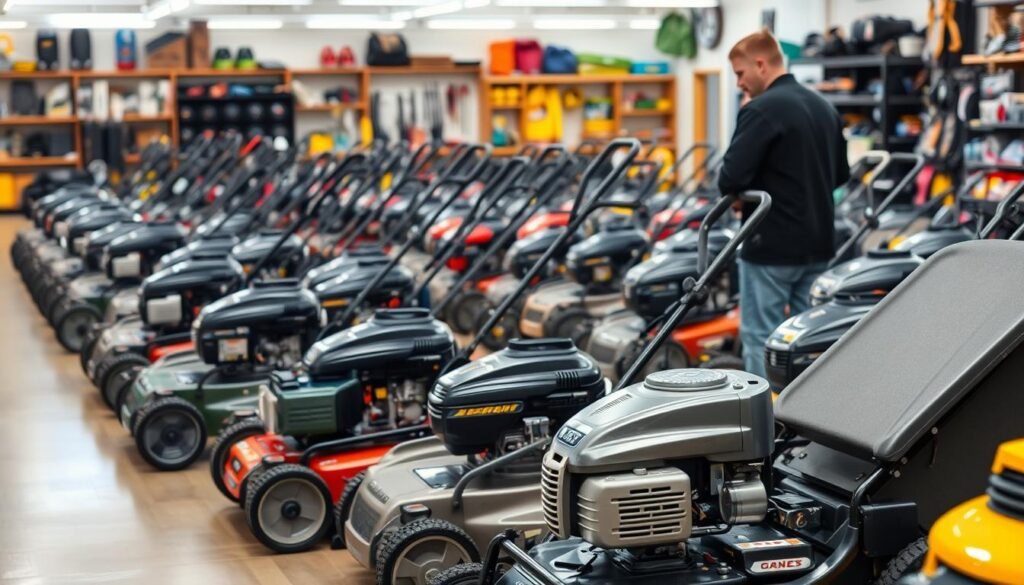 A well-lit showroom floor filled with a diverse array of gas-powered lawn mowers, their shiny metallic bodies and powerful engines on display. In the foreground, a customer examines a model, evaluating its features and capabilities. The middle ground showcases a variety of sizes and brands, while the background features shelves stocked with lawn care accessories and tools. The overall scene conveys a sense of availability, choice, and the ability to find the perfect gas lawn mower in California today. A well-lit showroom floor filled with a diverse array of gas-powered lawn mowers, their shiny metallic bodies and powerful engines on display. In the foreground, a customer examines a model, evaluating its features and capabilities. The middle ground showcases a variety of sizes and brands, while the background features shelves stocked with lawn care accessories and tools. The overall scene conveys a sense of availability, choice, and the ability to find the perfect gas lawn mower in California today.