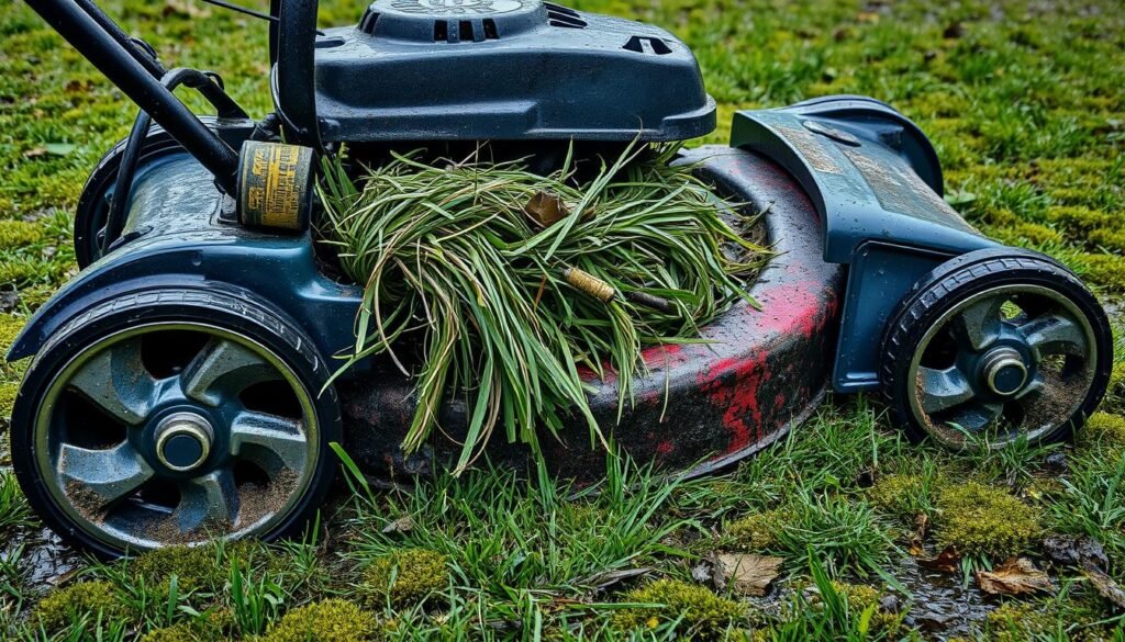 A well-used lawn mower, its blades caked with wet, clumped grass, sits abandoned on a damp, mossy lawn. The engine cover is open, revealing a tangle of grass fibers clogging the inner workings. Raindrops glisten on the metal surfaces, and a few stray blades of grass cling to the wheels. The scene conveys a sense of neglect, with the mower in need of attention after a recent rainstorm. The overall mood is one of a chore left unfinished, hinting at the challenges of mowing after wet conditions.
